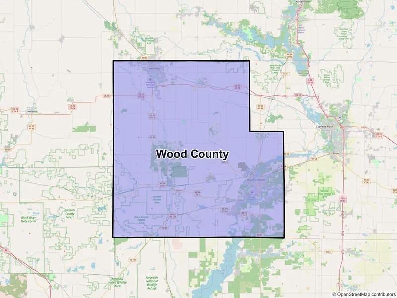 Map of Wood County, Wisconsin and ZIP codes