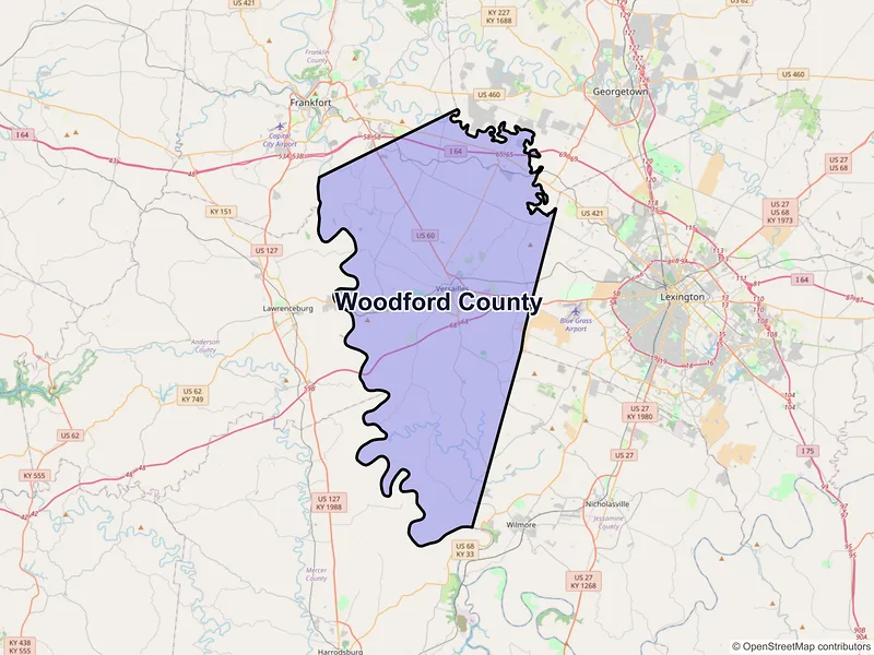Map of Woodford County, Kentucky and ZIP codes