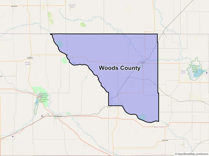 Map of Woods County, Oklahoma and ZIP codes