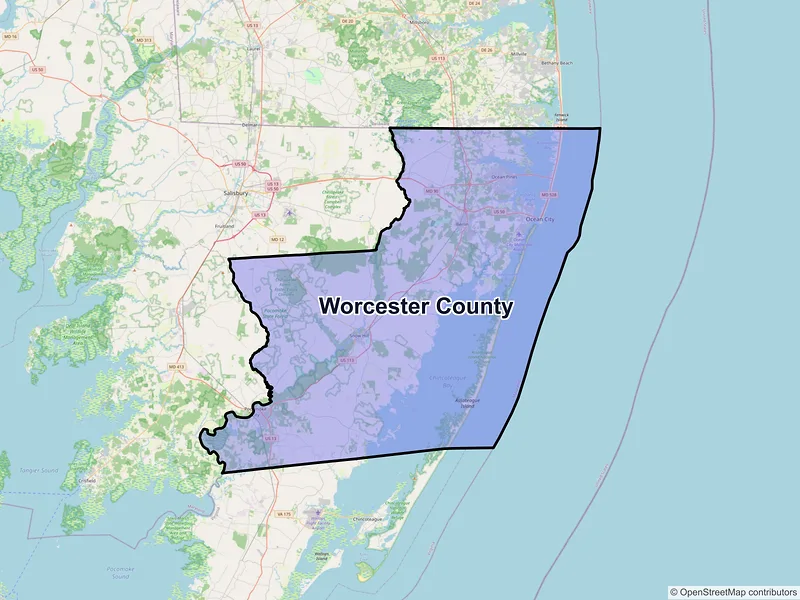 Map of Worcester County, Maryland and ZIP codes