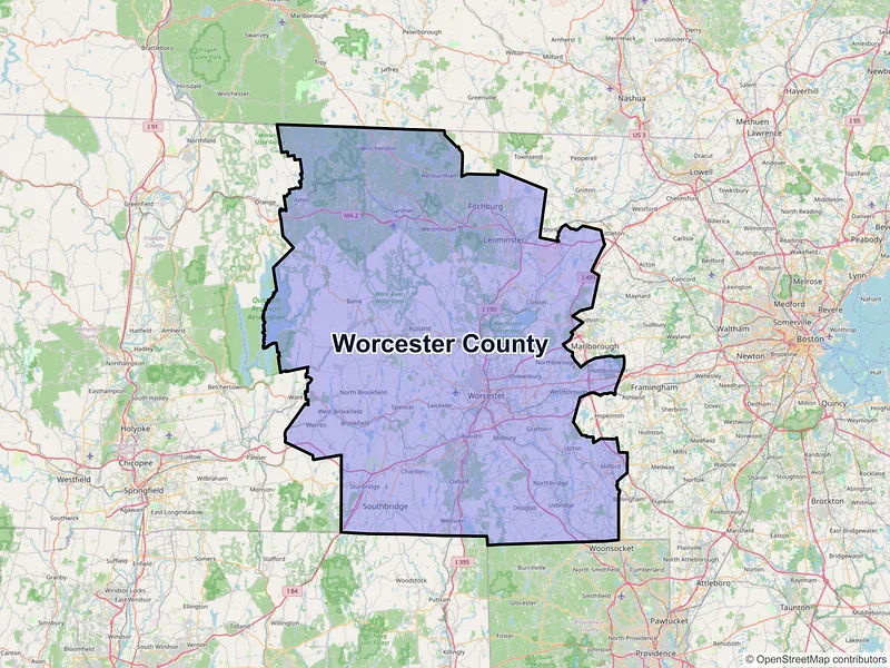 Map of Worcester County, Massachusetts and ZIP codes