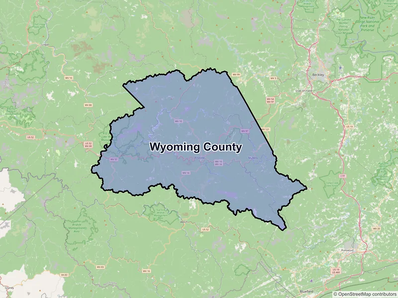 Map of Wyoming County, West Virginia and ZIP codes