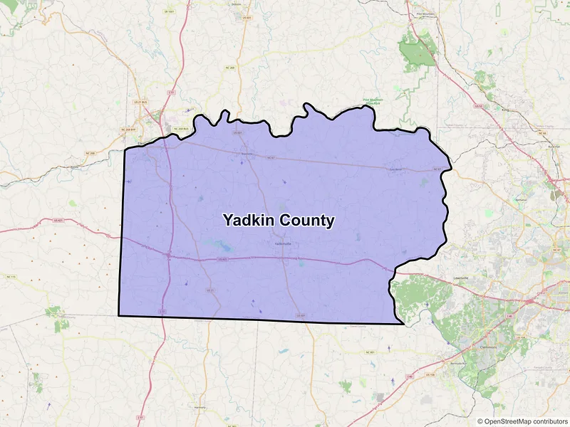 Map of Yadkin County, North Carolina and ZIP codes