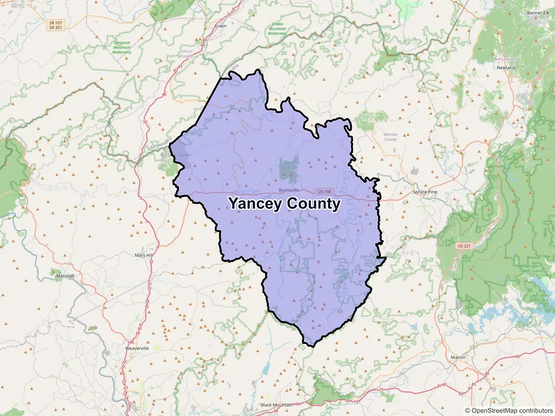 Map of Yancey County, North Carolina and ZIP codes