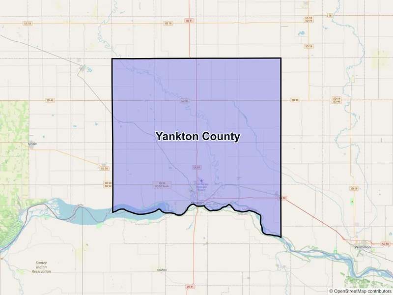 Map of Yankton County, South Dakota and ZIP codes