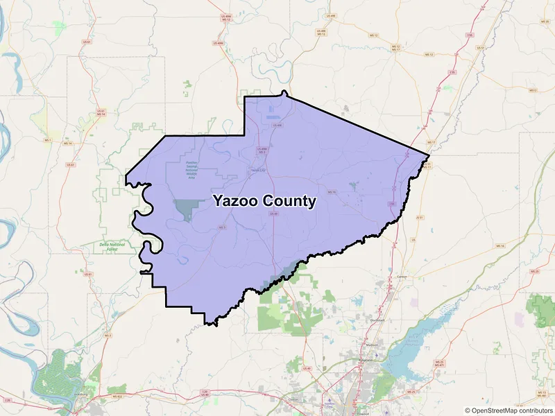 Map of Yazoo County, Mississippi and ZIP codes