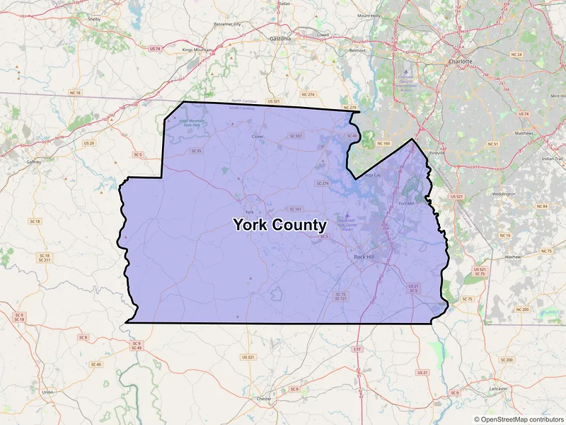 Map of York County, South Carolina and ZIP codes