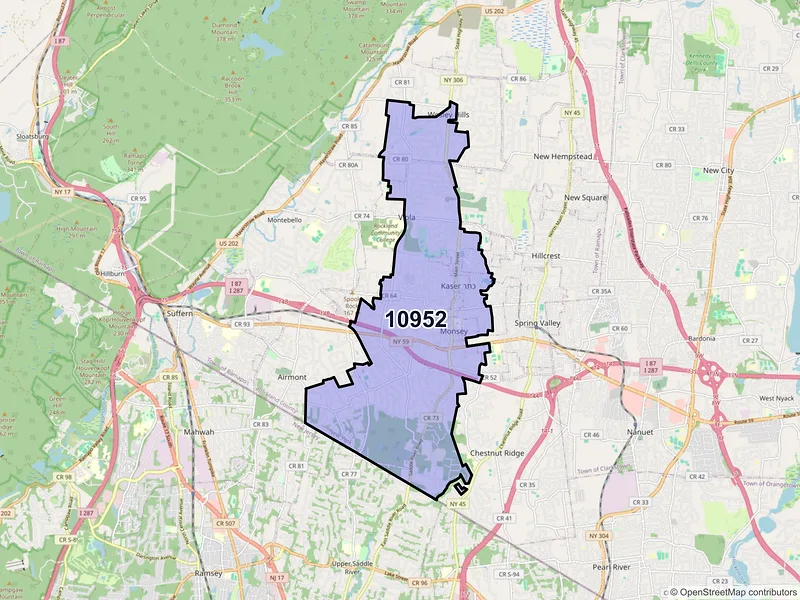 Map of Monsey, New York and ZIP codes
