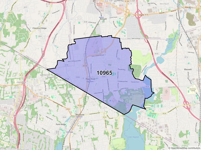 Map of Pearl River, New York and ZIP codes
