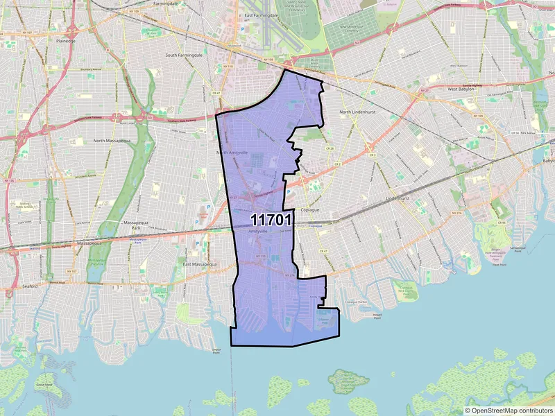 Map of Amityville, New York and ZIP codes