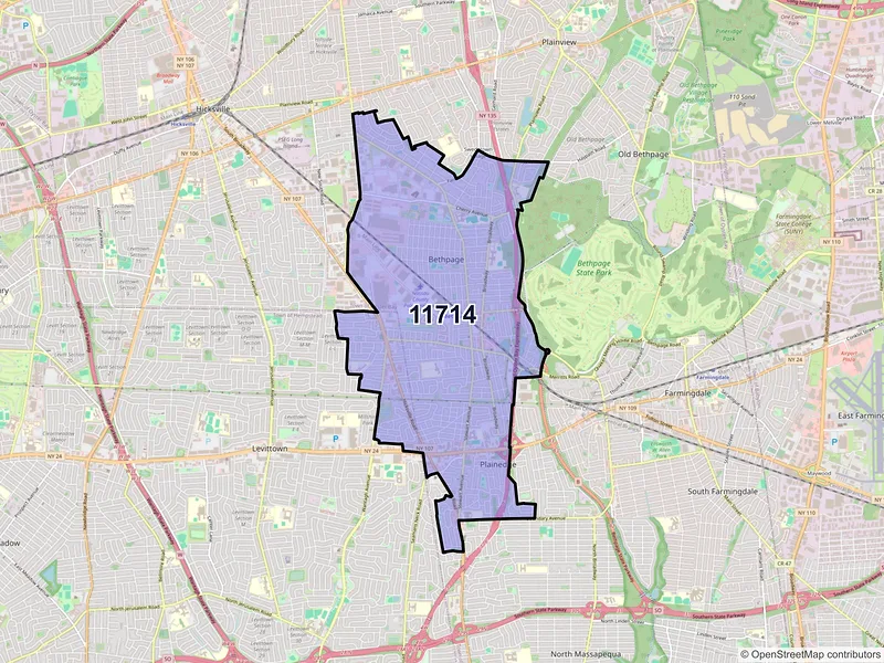 Map of Bethpage, New York and ZIP codes