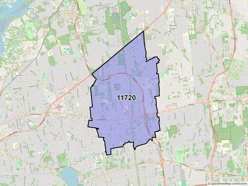 Map of Centereach, New York and ZIP codes