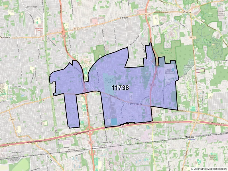 Map of Farmingville, New York and ZIP codes
