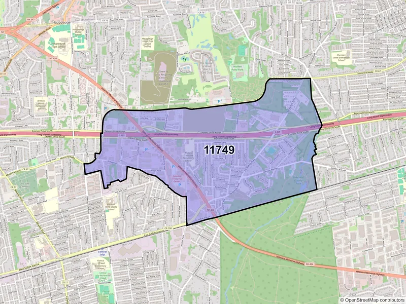 Map of Islandia, New York and ZIP codes