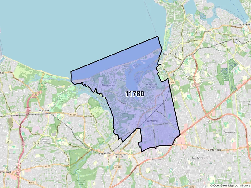 Map of Saint James, New York and ZIP codes