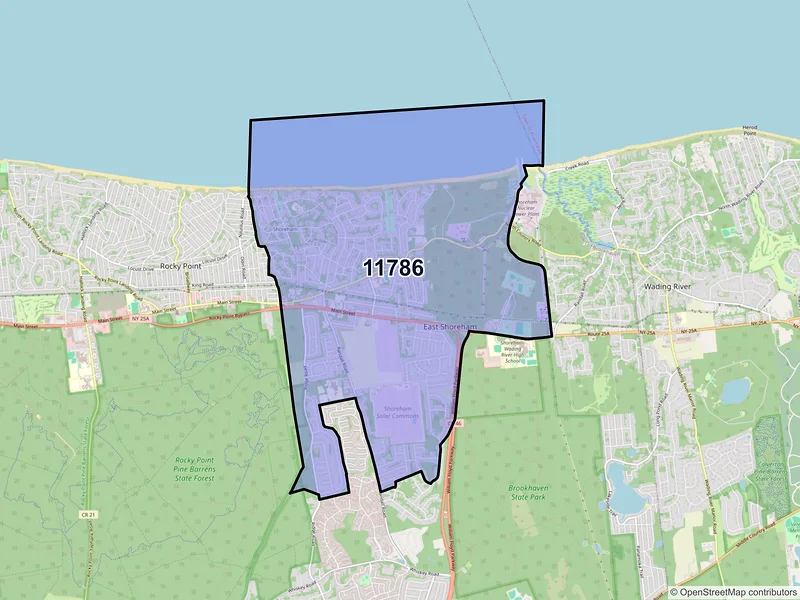 Map of Shoreham, New York and ZIP codes