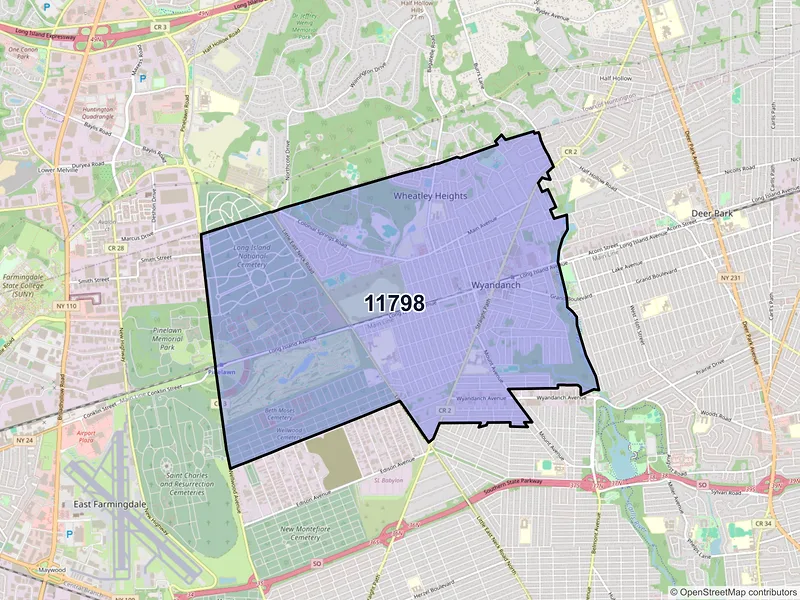 Map of Wyandanch, New York and ZIP codes