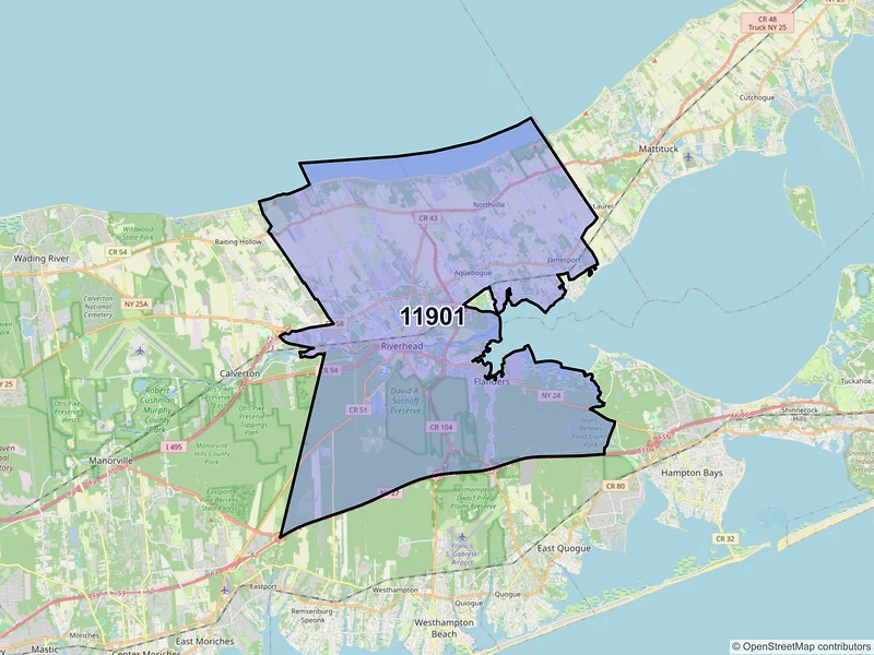 Map of Riverhead, New York and ZIP codes
