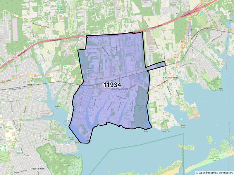 Map of ZIP Code 11934 — Center Moriches, NY