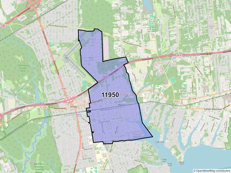 Map of ZIP Code 11950 — Mastic, NY