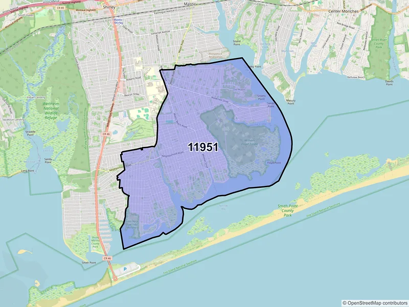 Map of ZIP Code 11951 — Mastic Beach, NY