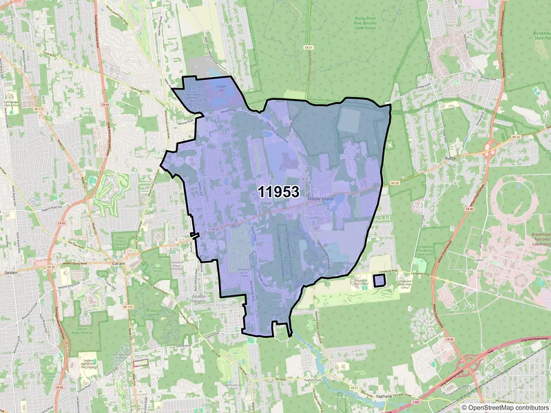 Map of Middle Island, New York and ZIP codes