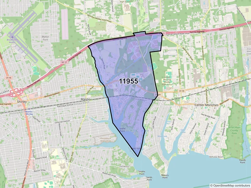 Map of Moriches, New York and ZIP codes