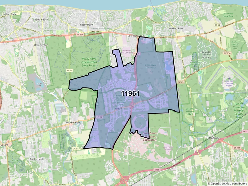 Map of ZIP Code 11961 — Ridge, NY