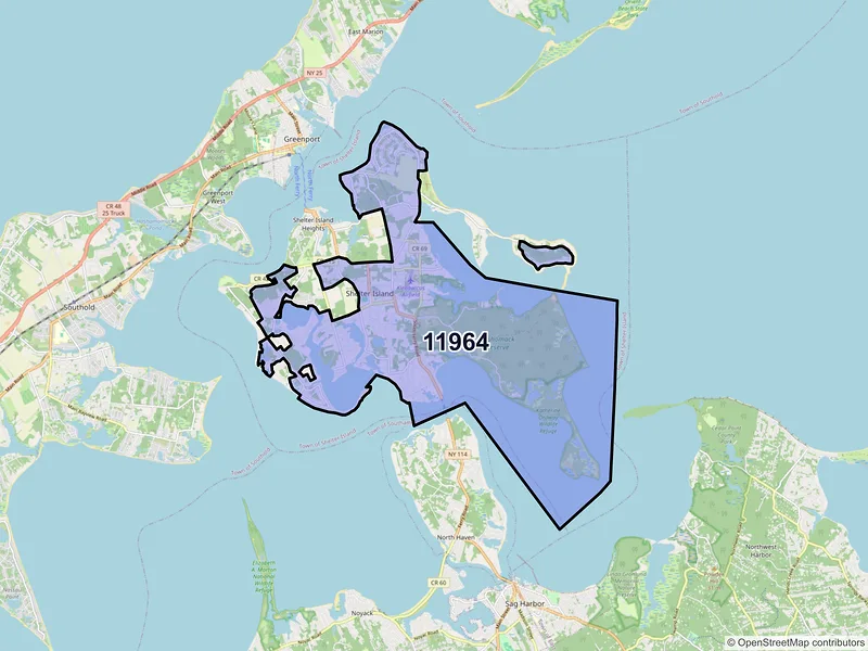 Map of Shelter Island, New York and ZIP codes