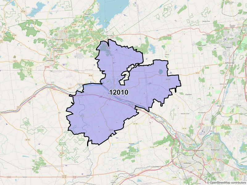 Map of Amsterdam, New York and ZIP codes