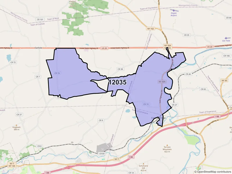 Map of ZIP Code 12035 — Central Bridge, NY