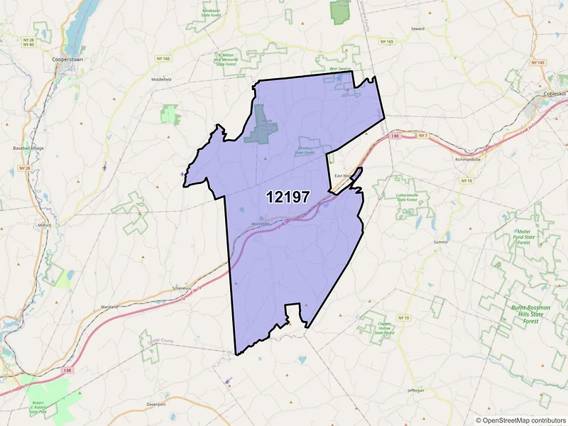 Map of Worcester, New York and ZIP codes