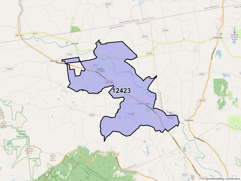 Map of East Durham, New York and ZIP codes