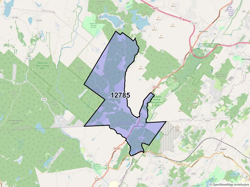 Map of Westbrookville, New York and ZIP codes