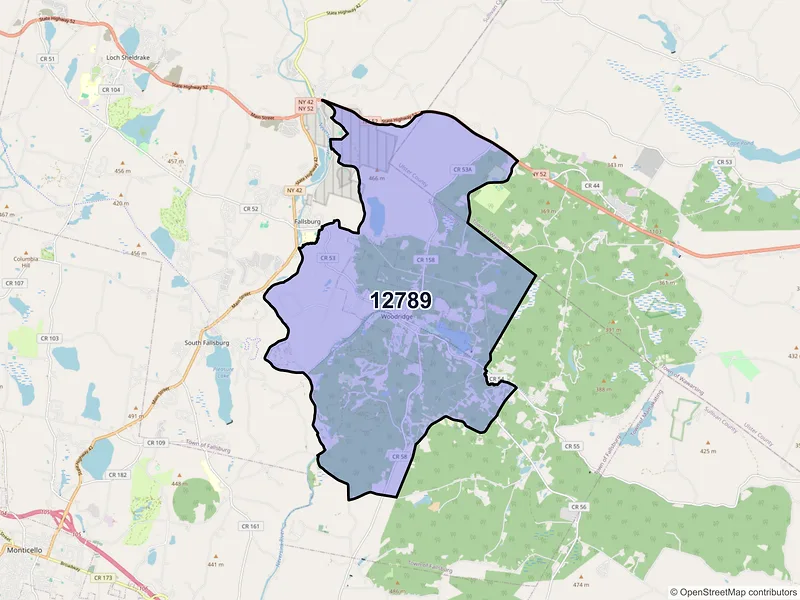 Map of Woodridge, New York and ZIP codes
