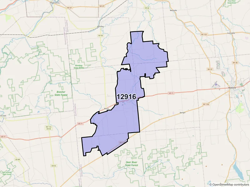 Map of ZIP Code 12916 — Brushton, NY