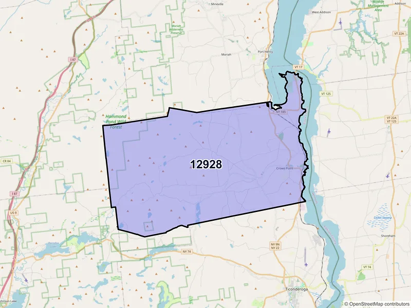 Map of ZIP Code 12928 — Crown Point, NY
