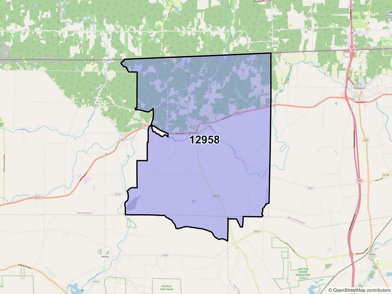 Map of ZIP Code 12958 — Mooers, NY