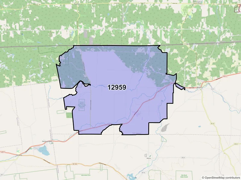 Map of ZIP Code 12959 — Mooers Forks, NY