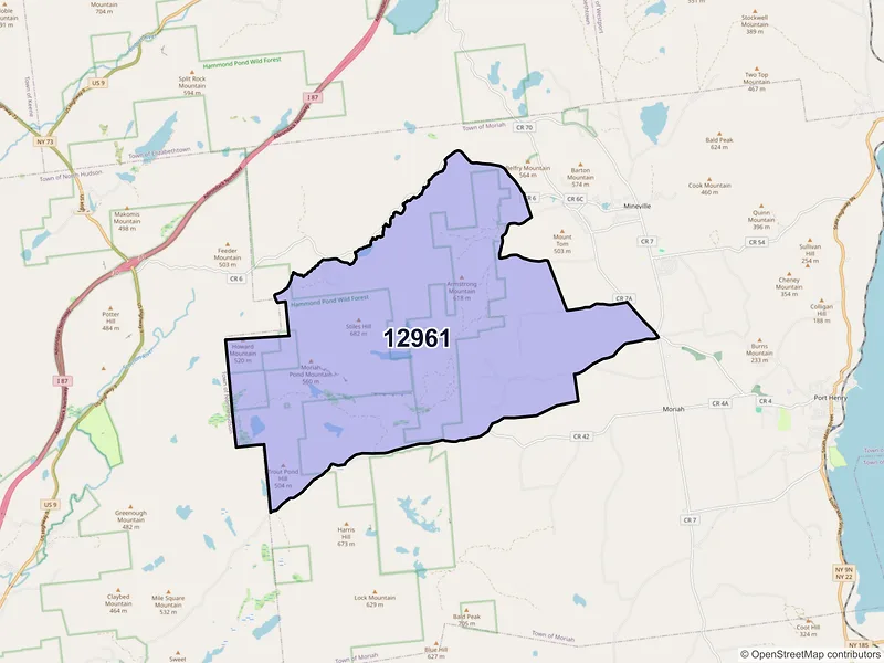 Map of Moriah Center, New York and ZIP codes