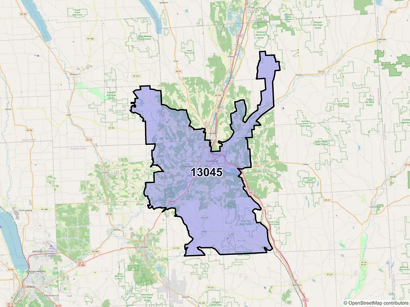 Map of Cortland, New York and ZIP codes
