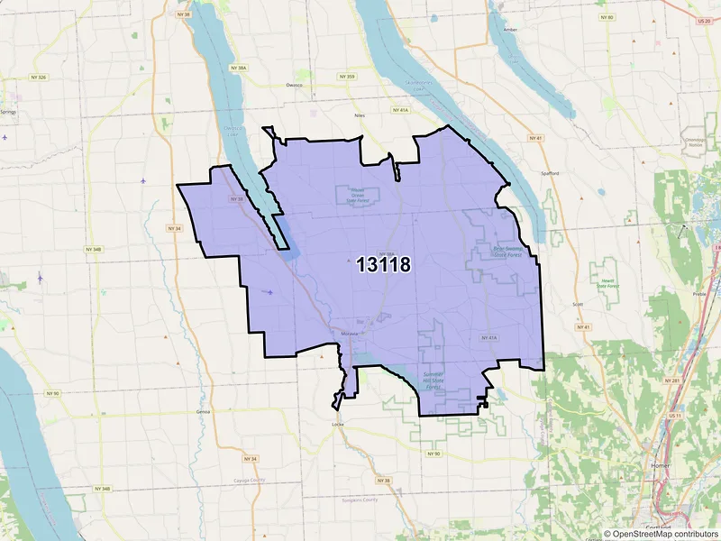 Map of Moravia, New York and ZIP codes