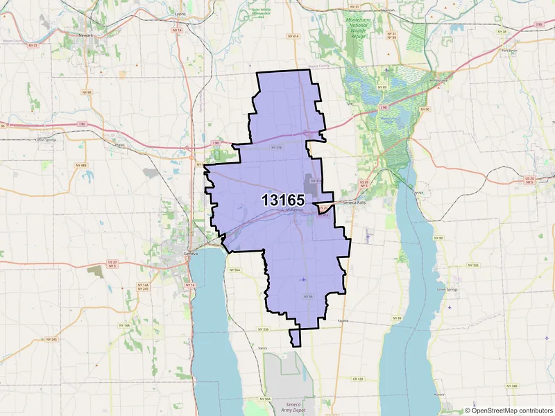 Map of Waterloo, New York and ZIP codes