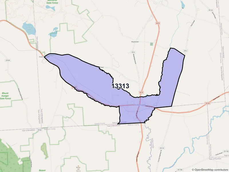 Map of Bridgewater, New York and ZIP codes