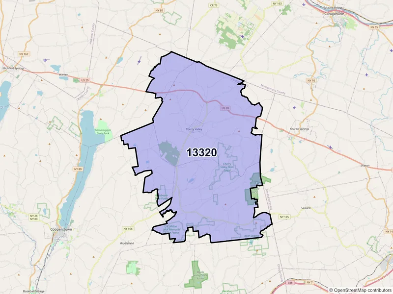 Map of Cherry Valley, New York and ZIP codes