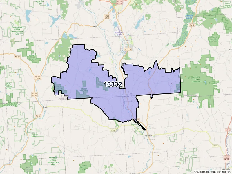 Map of Earlville, New York and ZIP codes