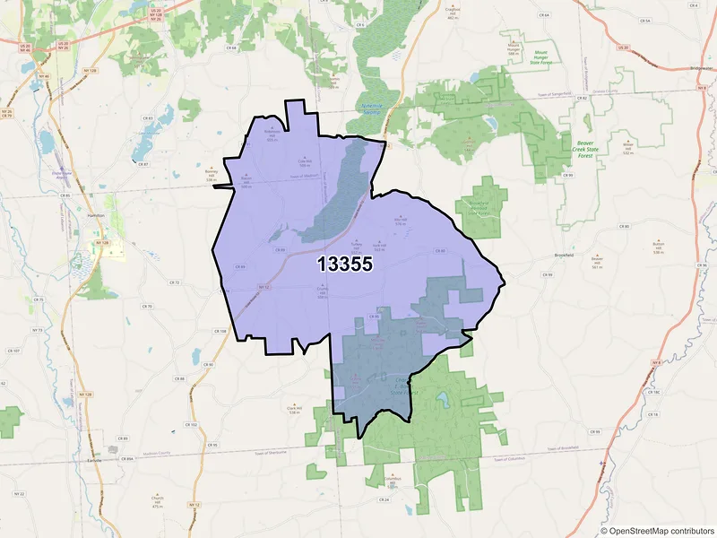 Map of ZIP Code 13355 — Hubbardsville, NY