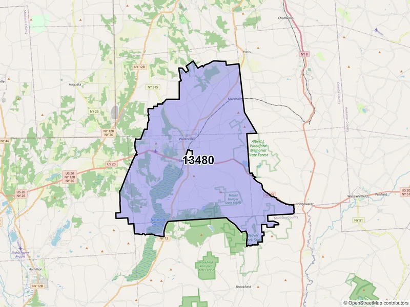 Map of ZIP Code 13480 — Waterville, NY