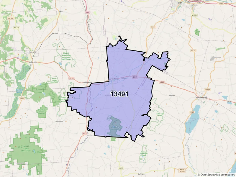 Map of ZIP Code 13491 — West Winfield, NY