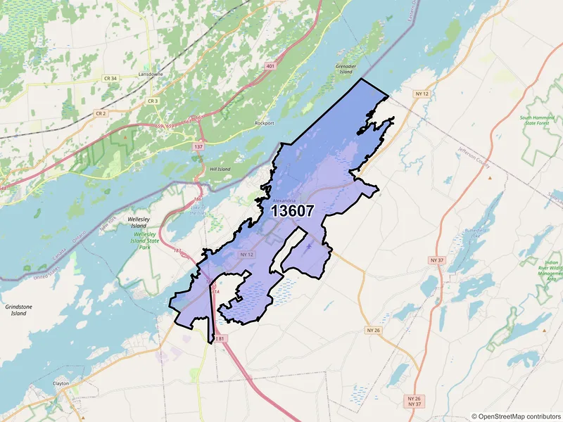 Map of ZIP Code 13607 — Alexandria Bay, NY